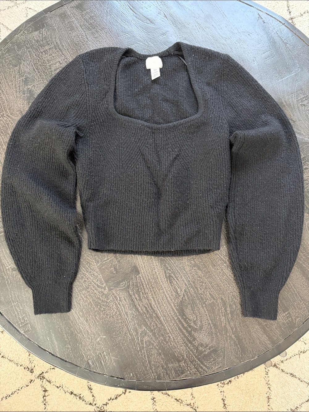 H&M Black Square Neck Puff Sleeve Cropped Sweater